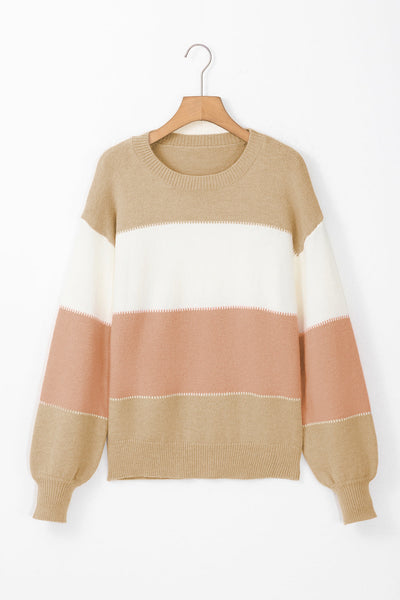 Cozy Dusty Pink Color Block Sweater for Women with Lantern Sleeves & Drop Shoulders - Chic Knitwear for Any Occasion