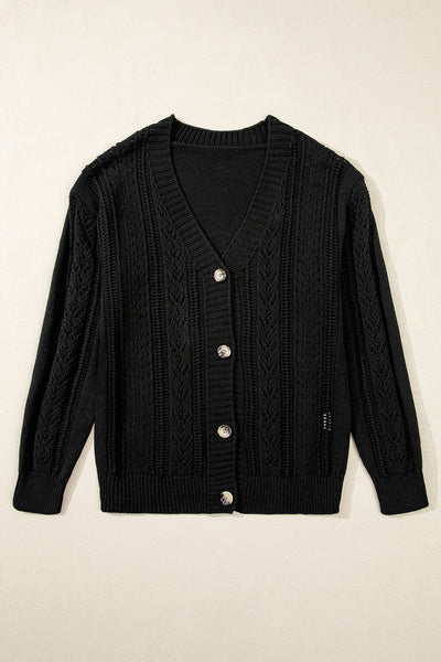 Cozy Black Open Knit Drop Shoulder Cardigan Sweater for Women - Chic Layering Essential for Fall Style