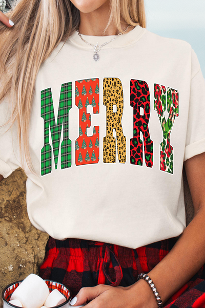 Women's MERRY Mixed-Pattern Graphic Christmas Tee for Women