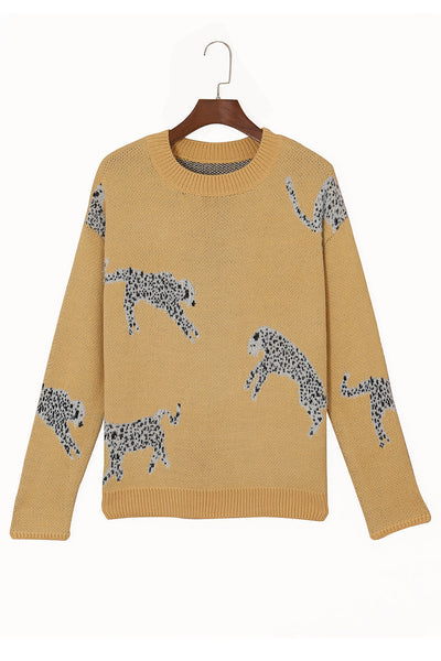Cozy Camel Cheetah Print Round Neck Sweater