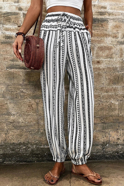 Women's Black Striped Boho Joggers with Drawstring Waist  Casual Comfort Pants for Effortless Style