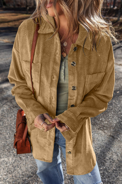 Stylish Women's Light Beige Corduroy Shacket with Patched Pockets - Chic Button-Up Jacket for Effortless Casual Outfits