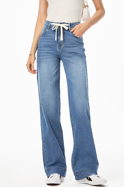 Light Blue Lace-Up Straight Leg Jeans for Women - Casual Chic Denim with Zip Fly for Effortless Everyday Style