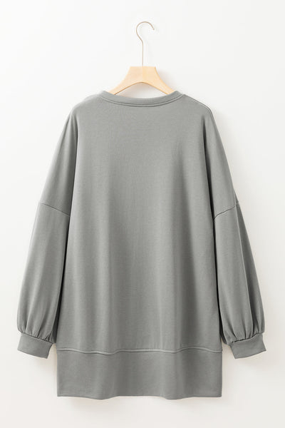 Women's Relaxed Fit Medium Grey Sequin Halloween Graphic Long Sleeve Top with Notched Neck - Festive and Stylish