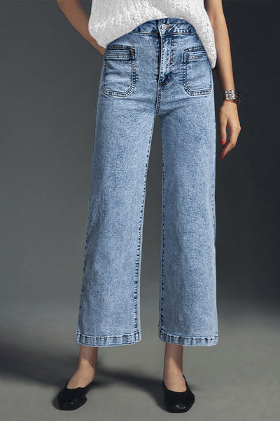 Women's High-Waisted Light Wash Wide-Leg Jeans with Patch Pockets