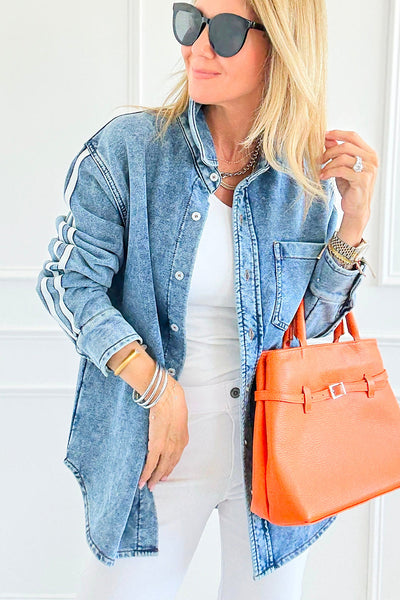 Stylish Women's Casual Blue Denim Jacket with Varsity Striped Sleeves and Button-Down Collar for Trendy Everyday Wear