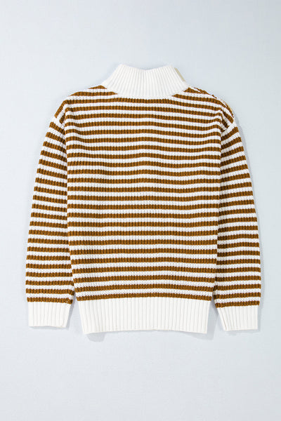 Cozy Women's Khaki Stripe Zip-Up Sweater with Drop Shoulder for Effortless Casual Chic