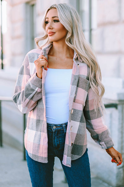 Women's Versatile Pink and Gray Plaid Color Block Long Sleeve Jacket with Pockets - Stylish Outerwear for Every Occasion