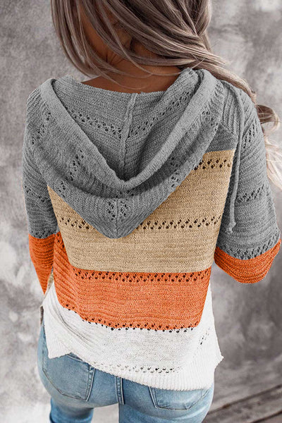 Stylish Women's Gray Colorblock Knit Hoodie with Zipped Front and Hollow-out Design for Comfortable Casual Outfits