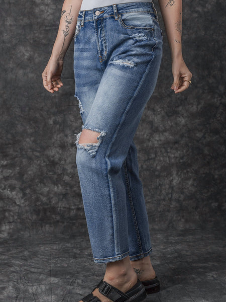 Ripped Cutout Fringe Hem Casual Jeans