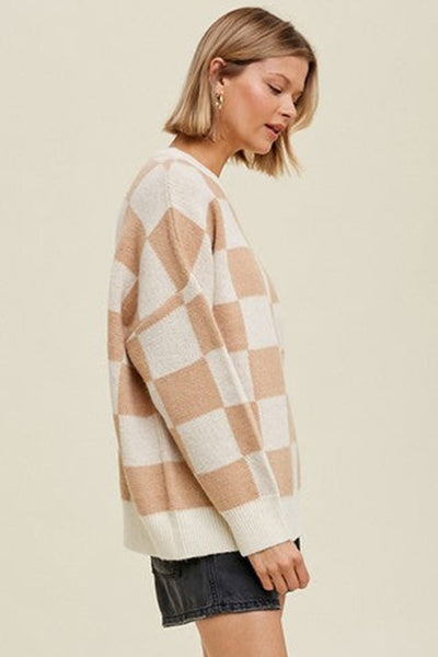 Cozy Women's Checkered Knit Sweater in Parchment - Stylish Ribbed Trim & Baggy Fit for Effortless Fall Fashion