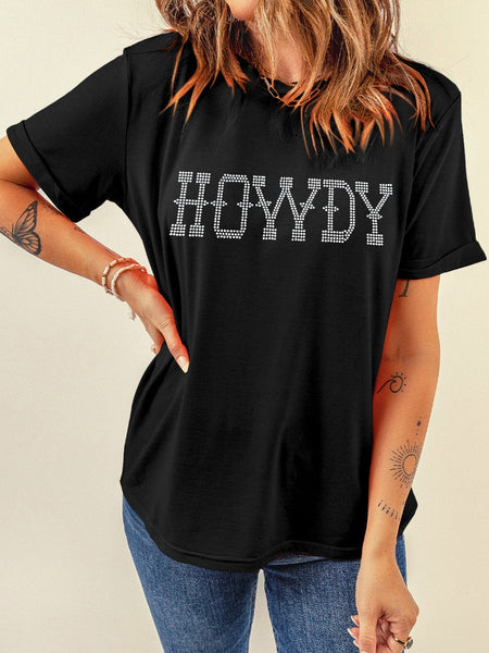 Women's HOWDY Black Rhinestone Embellished Slim Fit Tee