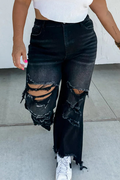 Trendy Women's Black Asymmetric Distressed Cowgirl Jeans with Raw Hem - Chic Fit for Casual Everyday Style