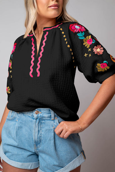 Chic Women's Black Floral Embroidered Puff Sleeve Blouse with Textured Fabric - Elegant Top for Any Occasion