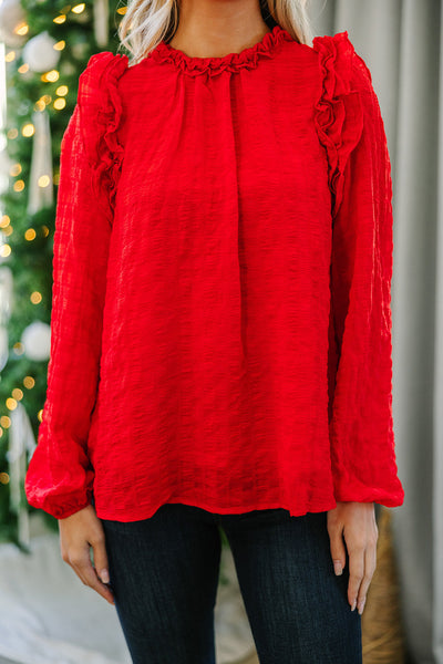 Chic Women's Fiery Red Textured Long Sleeve Blouse with Ruffles - Perfect Stylish Top for Everyday Elegance