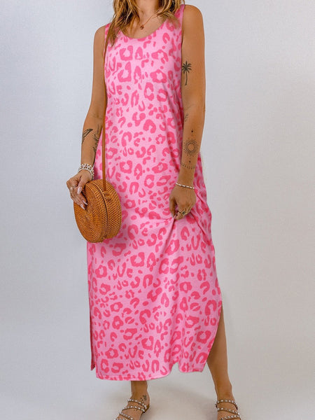 Leopard Print V-Neck Split Long Sleeve Dress
