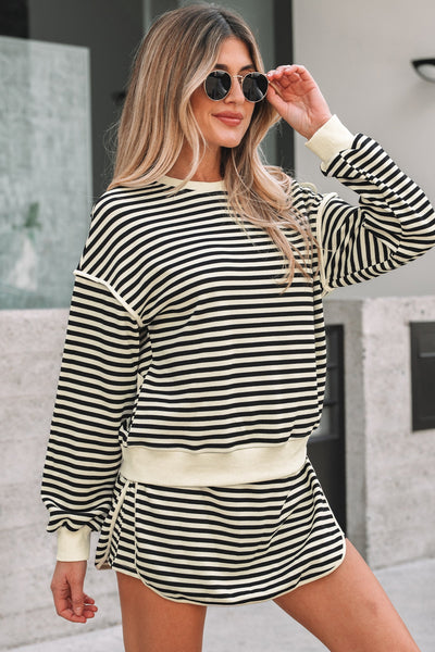 Women's Striped Two-Piece Skirt Set with Drop Shoulder Top