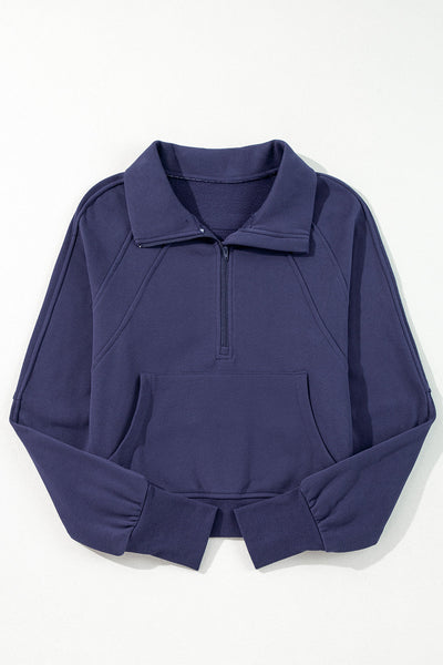 Cozy Women's Navy Blue Fleece-Lined Zip-Up Sweatshirt with Stand Collar & Thumbhole Sleeves for Ultimate Comfort