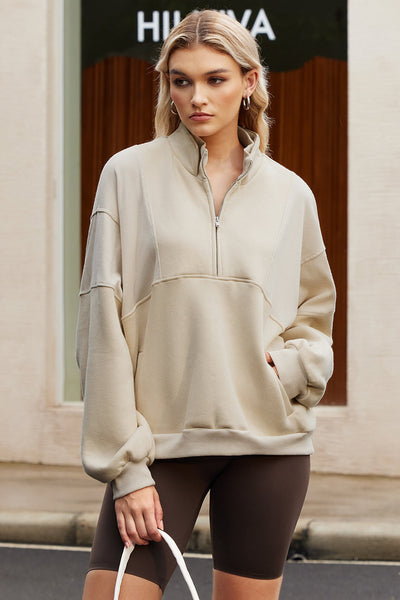 Women's Apricot Cotton-Blend Oversized Half-Zip Pullover