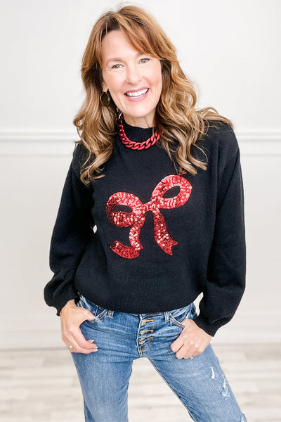 Chic Women's Black Sequin Embroidered Sweater with Ribbon Bow - Trendy Casual Knitwear for Effortless Style