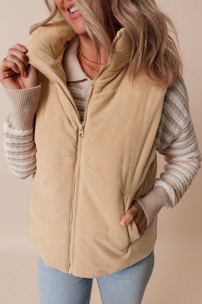 Beige Corduroy Puffer Vest with Stand Collar with practical styling and dependable silhouette control.
