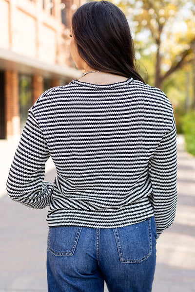 Stylish Women's Black Stripe Long Sleeve Top - Casual Round Neck, Drop Shoulder Design for Effortless Everyday Looks