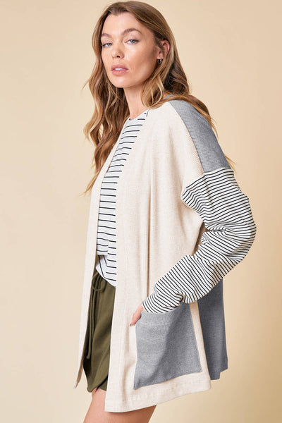 Trendy Women's Black and White Stripe Colorblock Cardigan with Pockets  Stylish Open Front Layer for Casual Chic Outfit