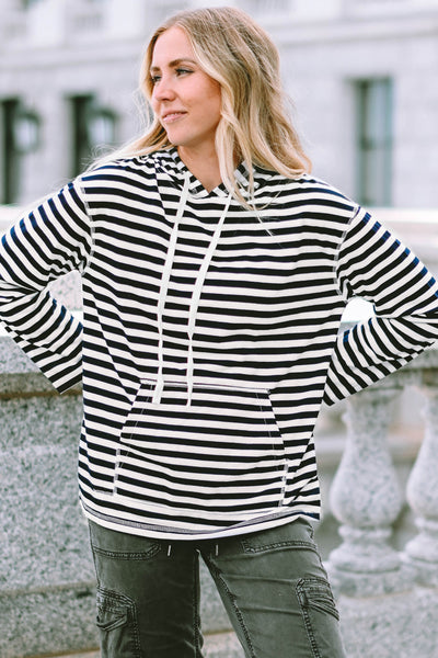 Classic Striped Kangaroo Pocket Hoodie with Drawstring