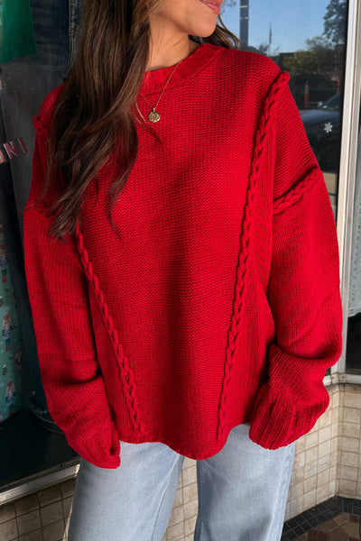 Women's Cozy Racing Red Braided Accent Sweater - Relaxed Fit for Festive Holiday Style and Seasonal Comfort