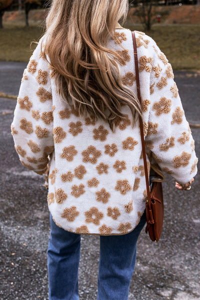 Women's Cozy Casual Light Beige Fleece Jacket with Floral Pattern and Button-Up Design for Effortless Style