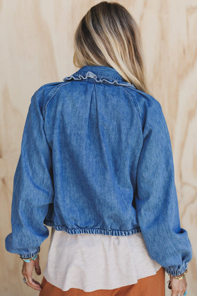 Stylish Women's Real Teal Denim Jacket with Frilled Trim, Zip-Up Closure, and Elastic Cuffs for a Casual Chic Look