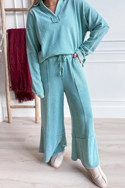 Women's Soft Blue Lapis Mineral Wash V-Neck Pullover & Drawstring Pants Set - Casual Ribbed Patchwork Outfit