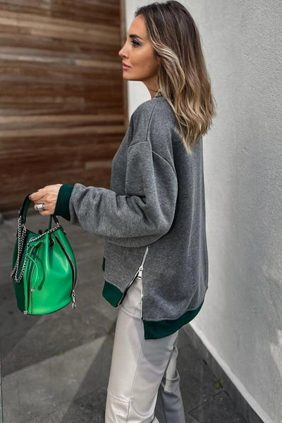 Women's Medium Grey Baggy Sweatshirt with Contrast Trim, Round Neck, and Zip Side Slit for Effortless Comfort and Style