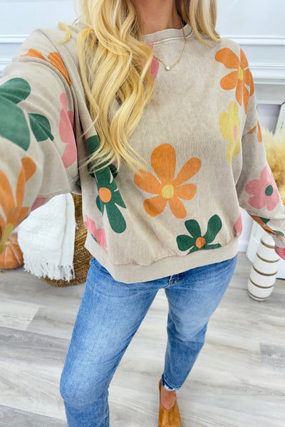 Trendy Women's Khaki Mineral Wash Sweatshirt with Floral Print and Drop Shoulders for Effortless Casual Style
