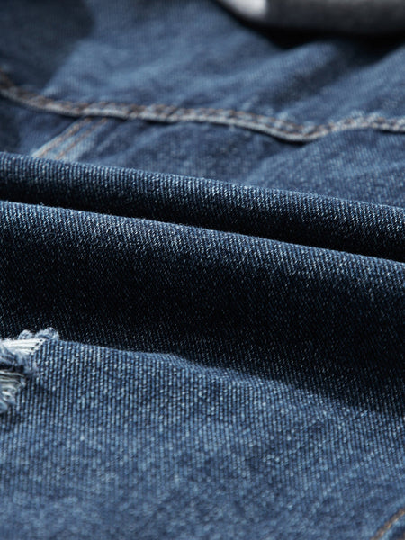 Layered Dark Blue Hooded Zip-Up Denim Jacket with Distressed Detail