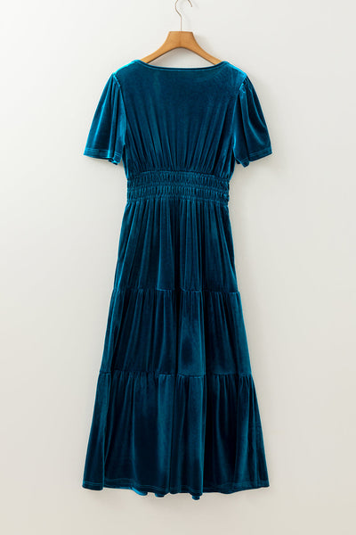 Elegant Deep Blue Velvet T-Shirt Dress for Women, Casual Short Sleeve Fit for Effortless Everyday Style