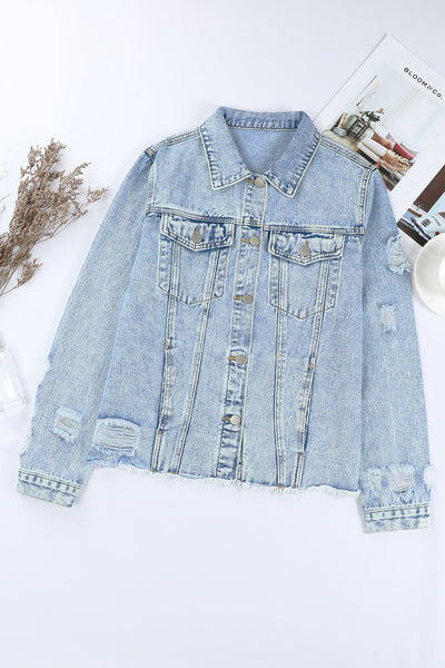 Women's Sky Blue Lapel Distressed Raw Hem Buttons Denim Jacket