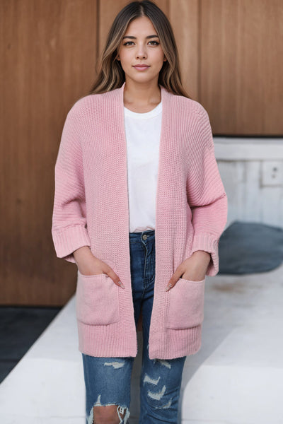 Soft Pink Oversized Women's Cardigan with Fold-Over Sleeves and Open Front  Ideal for Cozy Layering and Casual Style