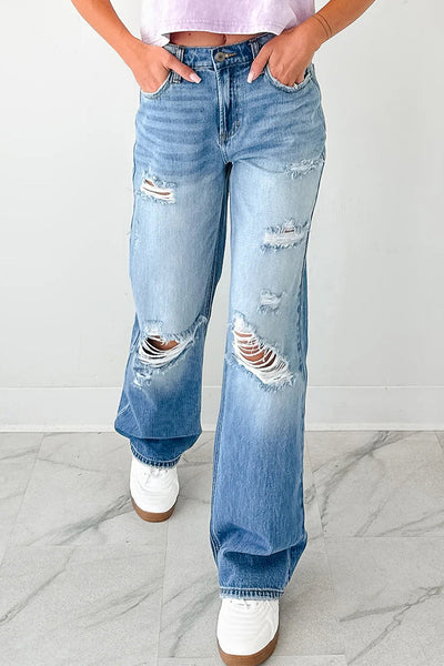 Chic Women's Classic Blue Mid Rise Distressed Straight Leg Jeans for Everyday Comfort and Style