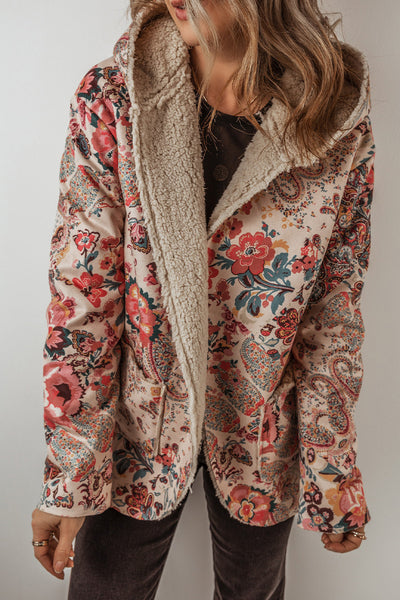 Women's Cozy Beige Vintage Paisley Floral Hooded Jacket with Sherpa Lining for Chic Winter Warmth
