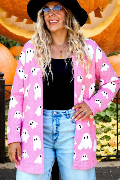 Women's Ghost Pattern Knit Cardigan in Bonbon Pink made for easy styling and wardrobe coordination, with premium-like structure and finish.