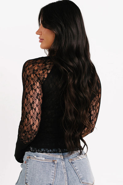 Chic Women's Black Sheer Lace Long Sleeve Henley Top - Slim Fit Stylish Layering Essential for Every Occasion