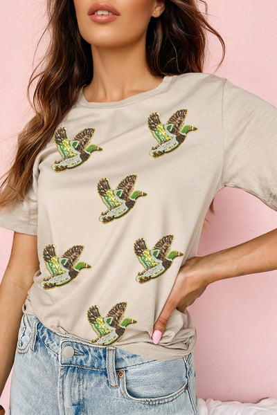 Women's Embellished Mallard Sequin Graphic Tee in Sand Khaki
