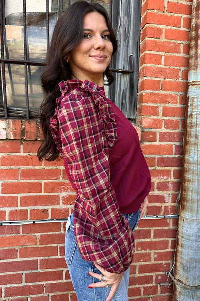 Stylish Women's Red Plaid Ruffled Puff Sleeve Sweater - Cozy Crew Neck Knit for Trendy Fall Outfits