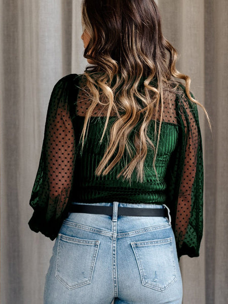 Women's Emerald Green Polka Dot Sheer Long Sleeve Velvet Bodysuit