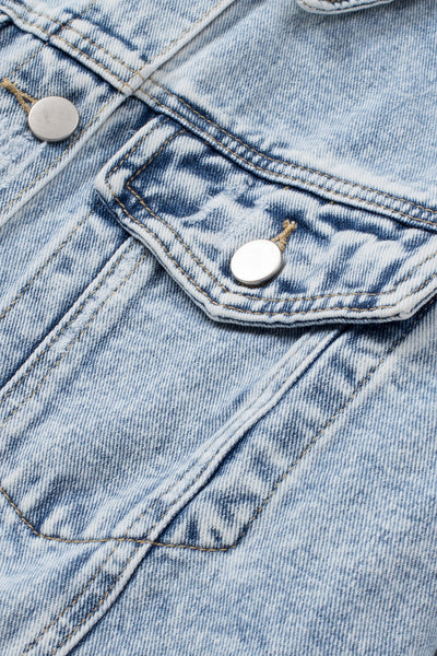 Trendy Women's Sky Blue Distressed Denim Jacket with Lapel and Raw Hem for Effortless Casual Style