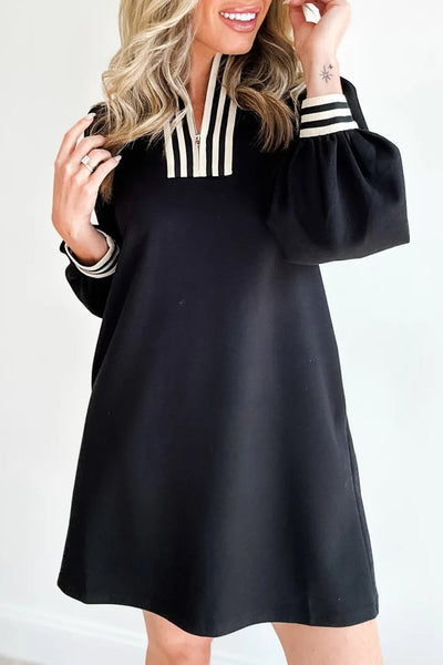 Trendy Women's Black Striped Patchwork Mini Dress with Zip Neck Long Sleeve Shift Style for Chic Casual Outings