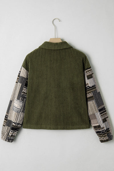 Women's Cozy Jungle Green Ribbed Fleece Plaid Jacket - Effortless Layering with Stylish Patchwork Design