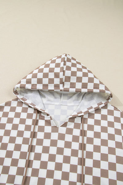 Stylish Women's Khaki Oversized Hoodie with Checkered Patchwork & Tie Neck for Effortless Casual Chic