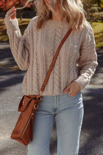 Cozy Women's Parchment Cable Knit Sweater with Drop Shoulders - Effortless Casual Chic for Everyday Style